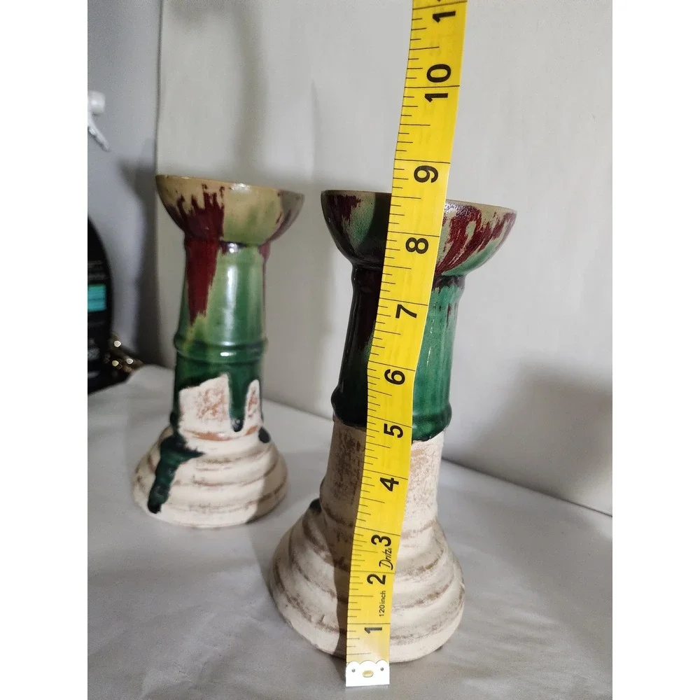 Vintage Artisan Ceramic Drip Glaze Candlestick Holders Pair Green Burgundy Cream